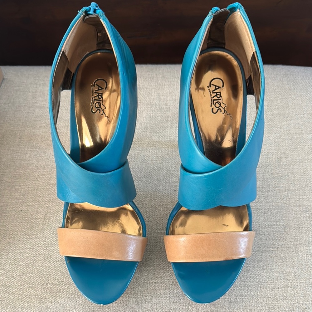 Carlos by Carlos Santana Blue and Tan Open-Toe Heels